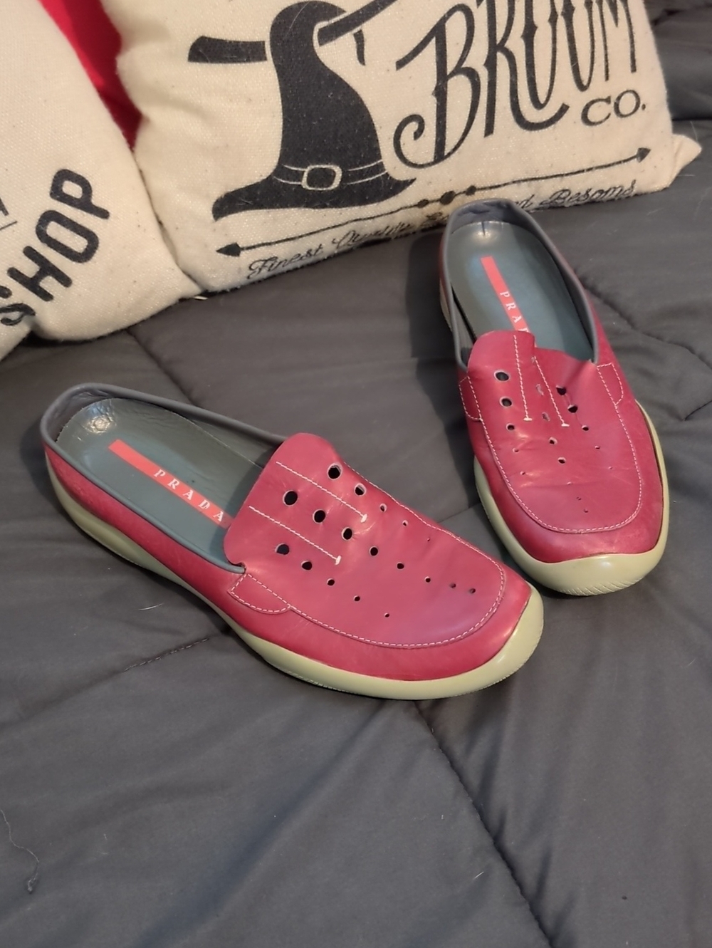 Prada Coral Red Leather Slip-On Flats with Cream Soles Size 40 Euro - 9 US